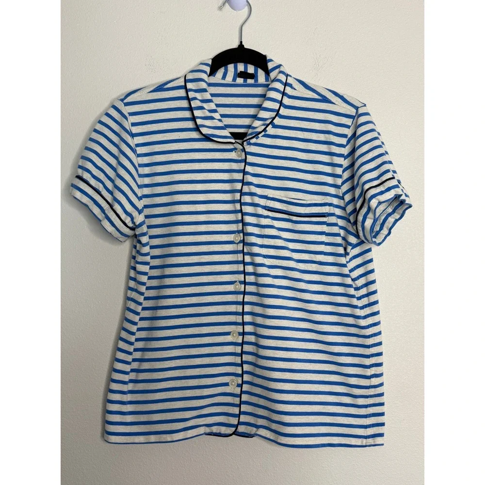 J.Crew Women's Blue Gray Striped Short Sleeve Pajama Set Size M Cotton Blend